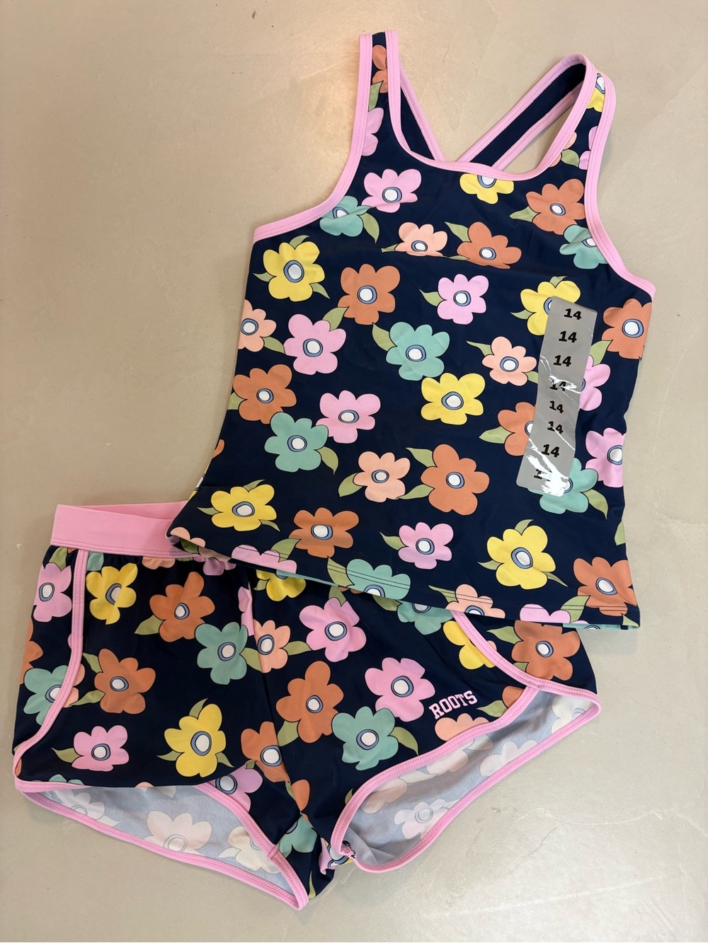 Roots Girls Navy Floral Tankini Set with Pink Trim